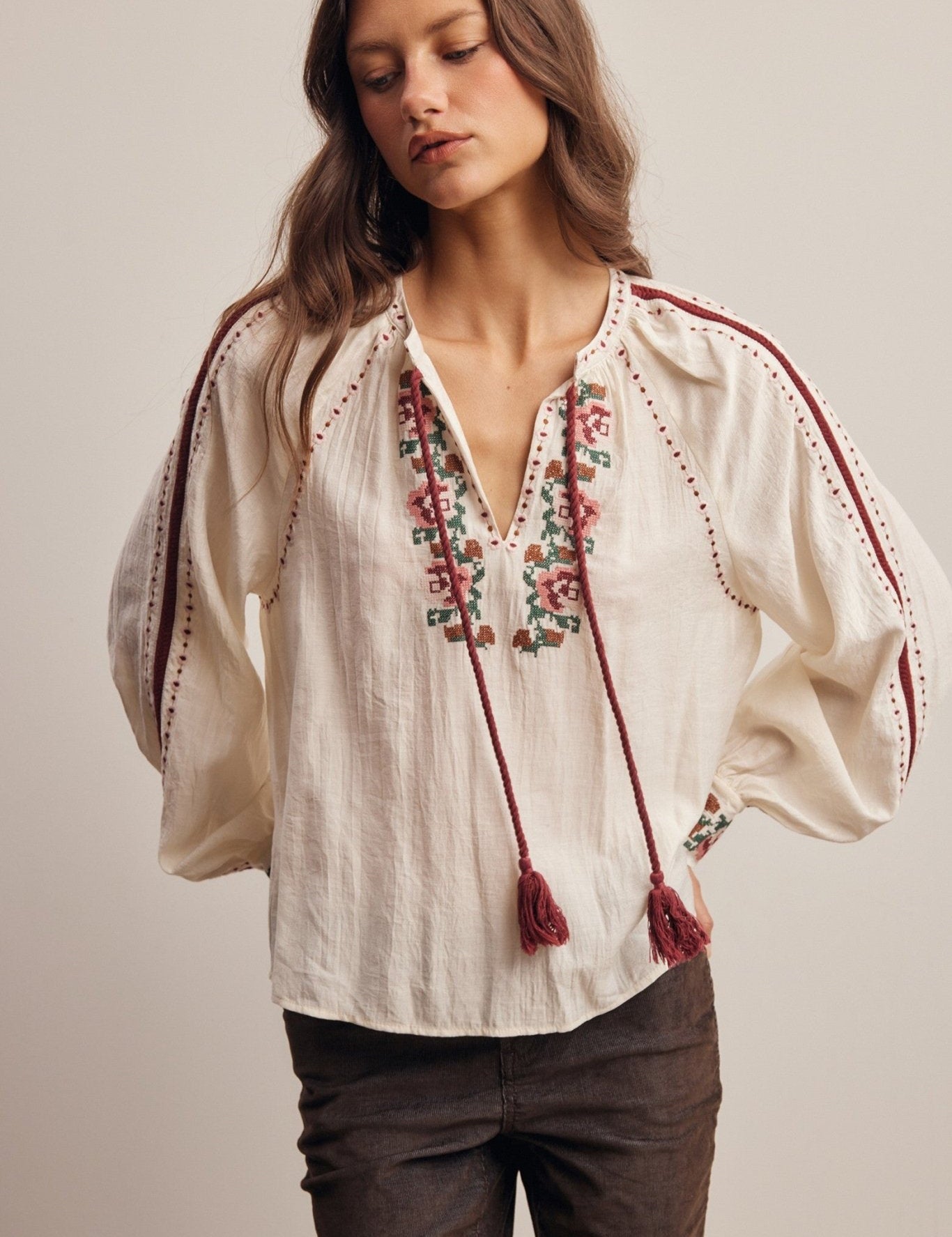 Briarwood Embroidered Tassel Tie Blouse - Westly