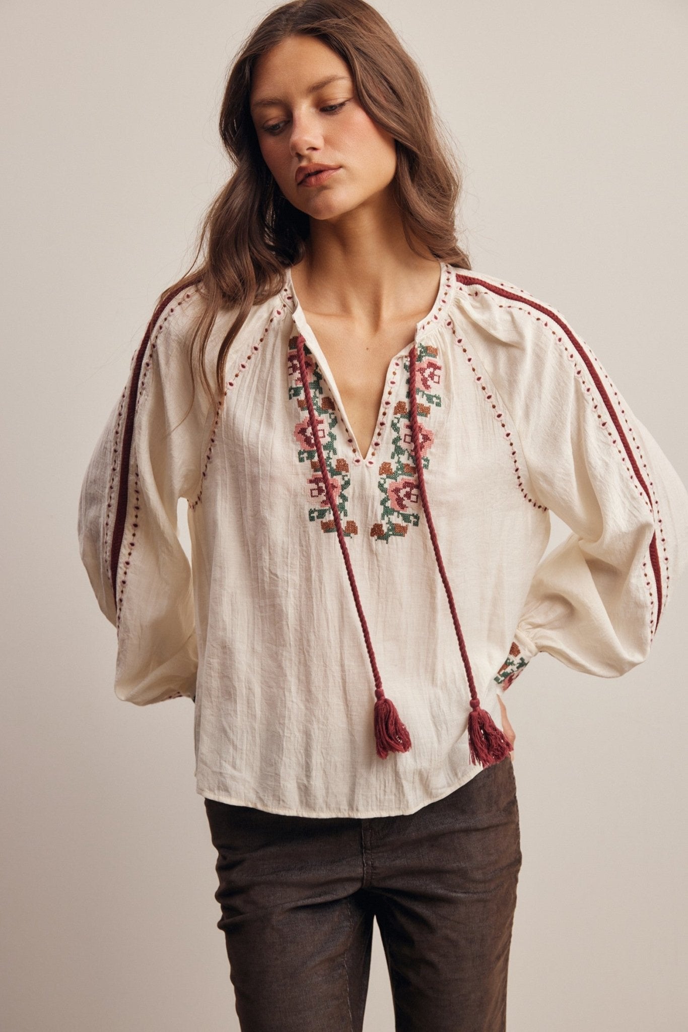 Briarwood Embroidered Tassel Tie Blouse - Westly