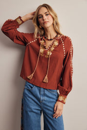 Briarwood Embroidered Tassel Tie Blouse - Westly