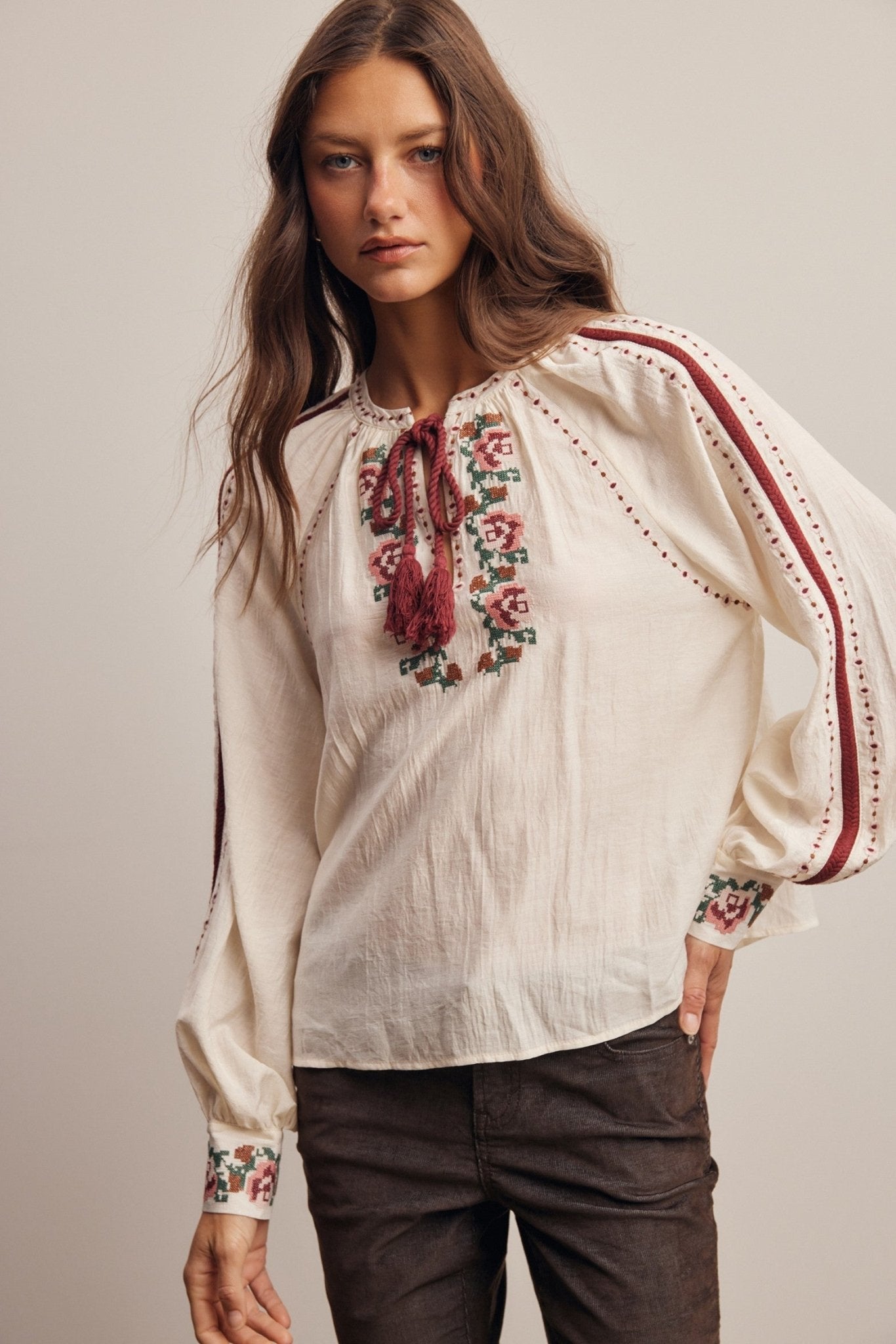 Briarwood Embroidered Tassel Tie Blouse - Westly