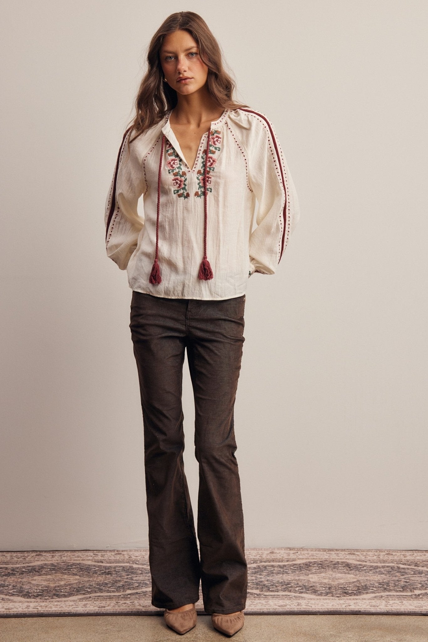 Briarwood Embroidered Tassel Tie Blouse - Westly