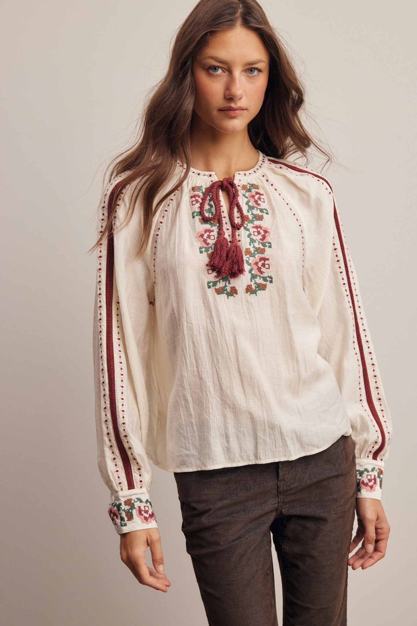Briarwood Embroidered Tassel Tie Blouse - Westly