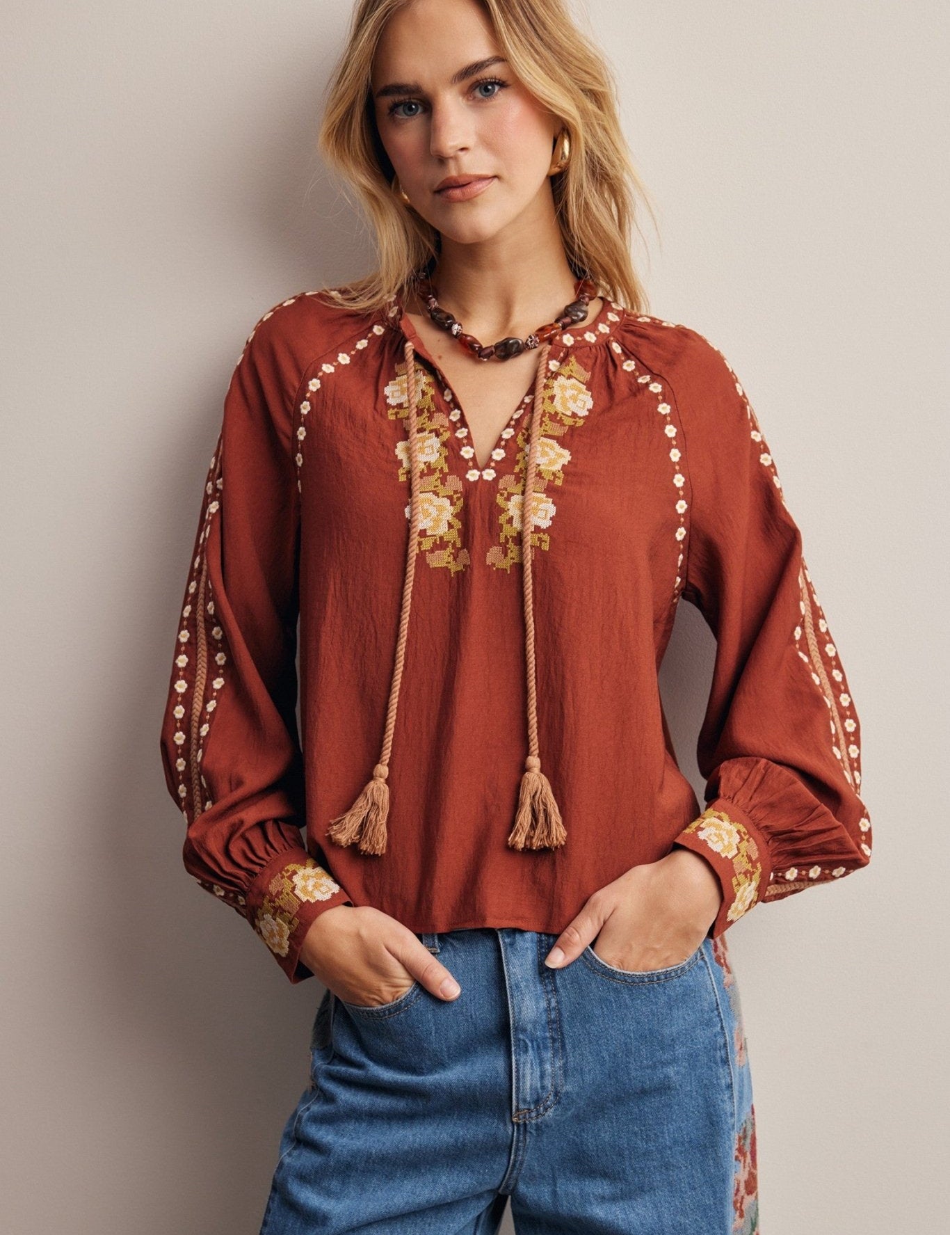 Briarwood Embroidered Tassel Tie Blouse - Westly
