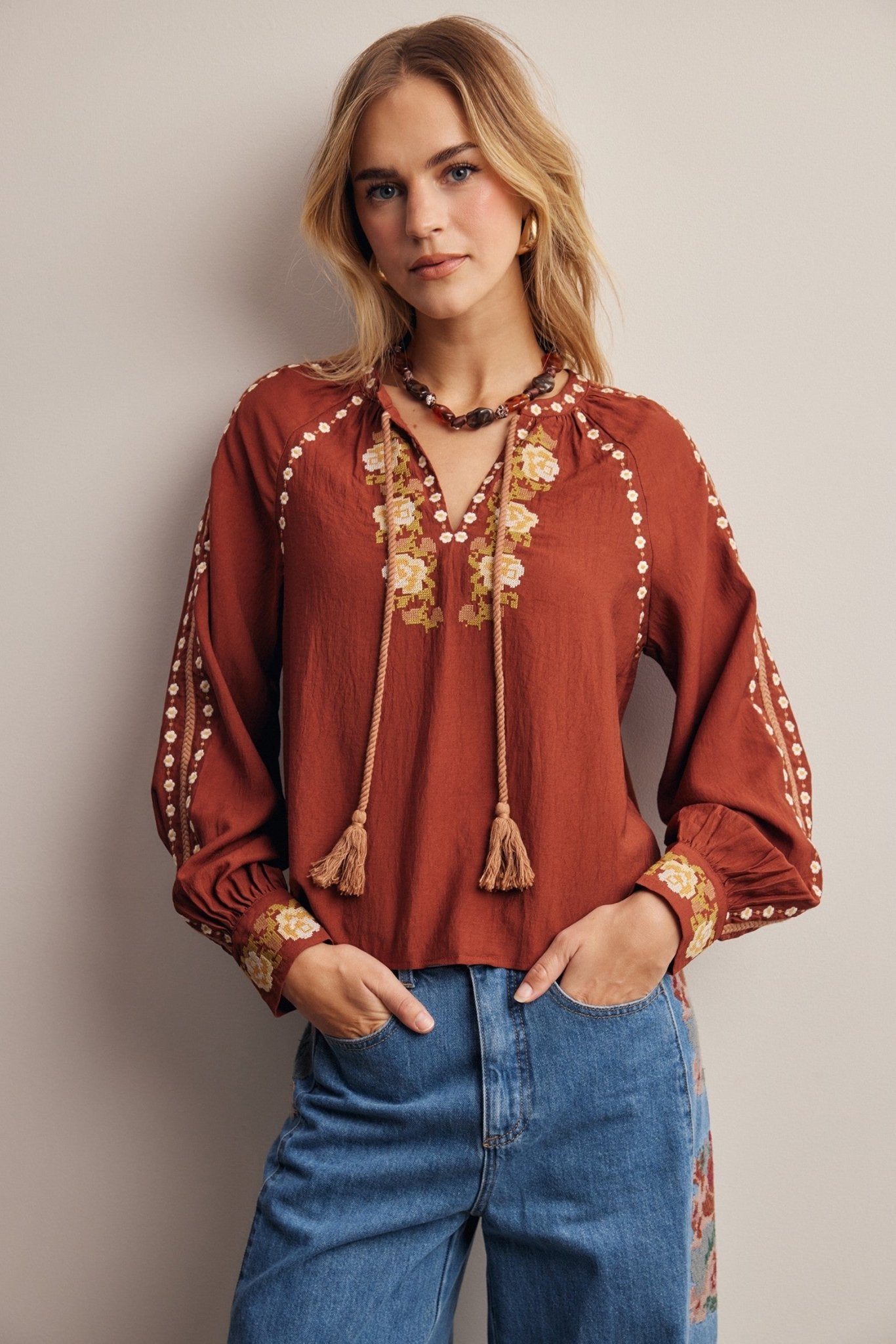 Briarwood Embroidered Tassel Tie Blouse - Westly