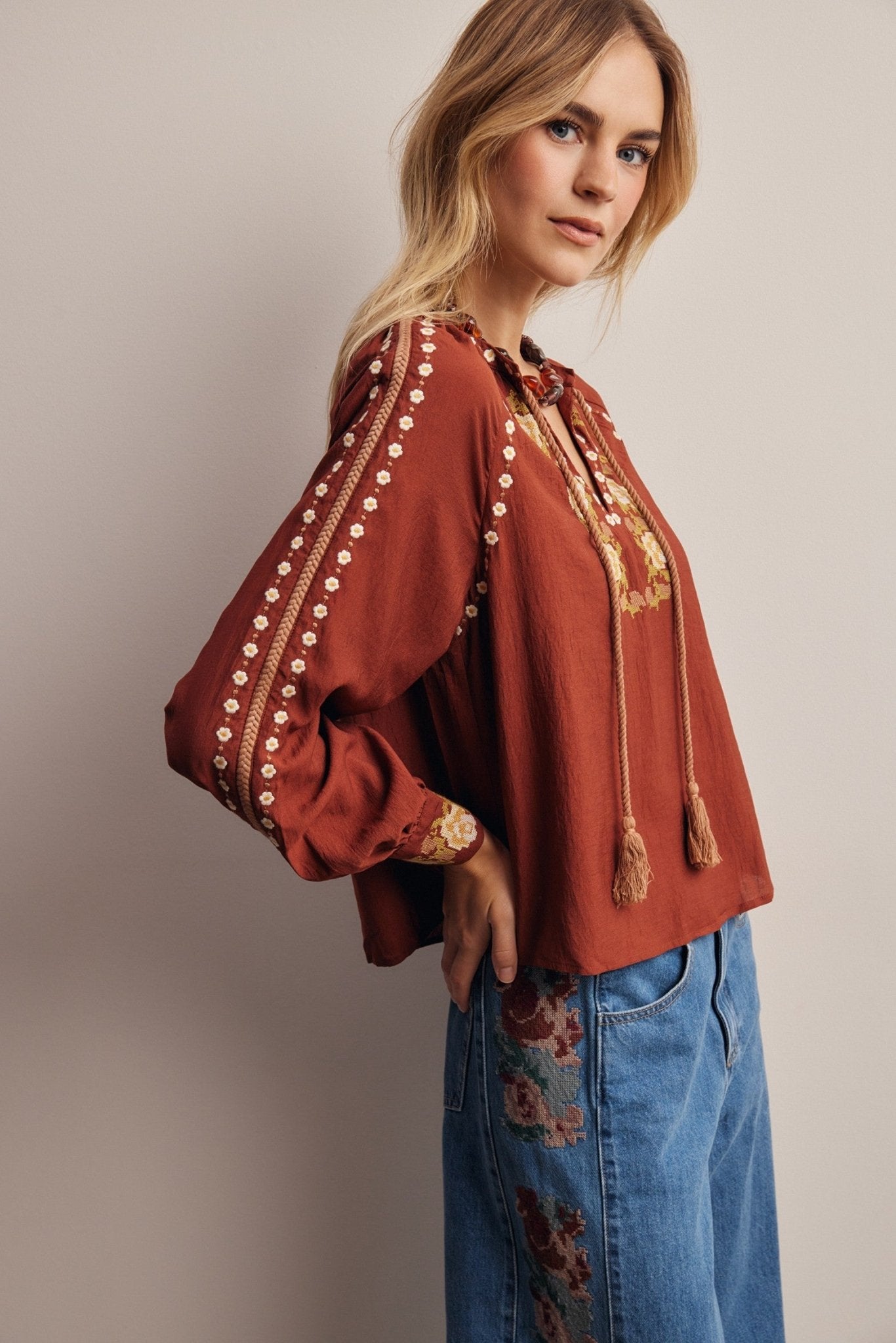 Briarwood Embroidered Tassel Tie Blouse - Westly