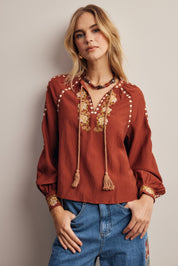Briarwood Embroidered Tassel Tie Blouse - Westly