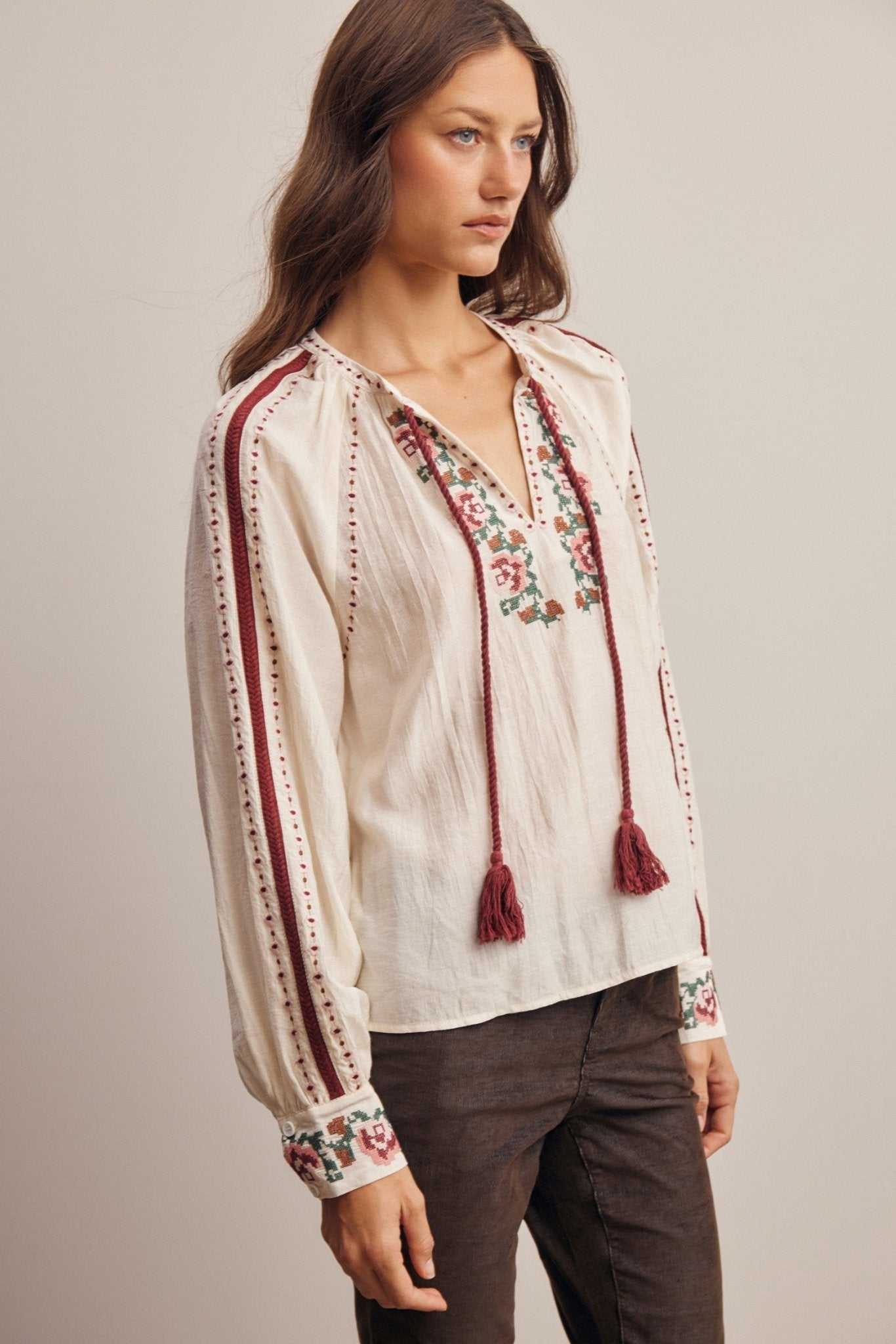 Briarwood Embroidered Tassel Tie Blouse - Westly