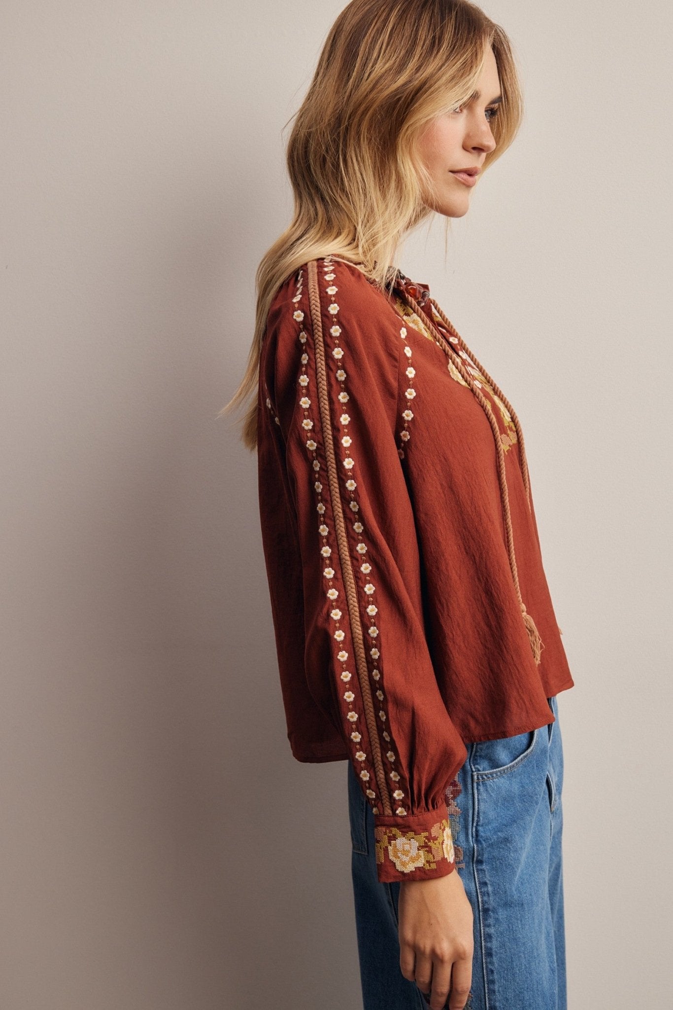 Briarwood Embroidered Tassel Tie Blouse - Westly