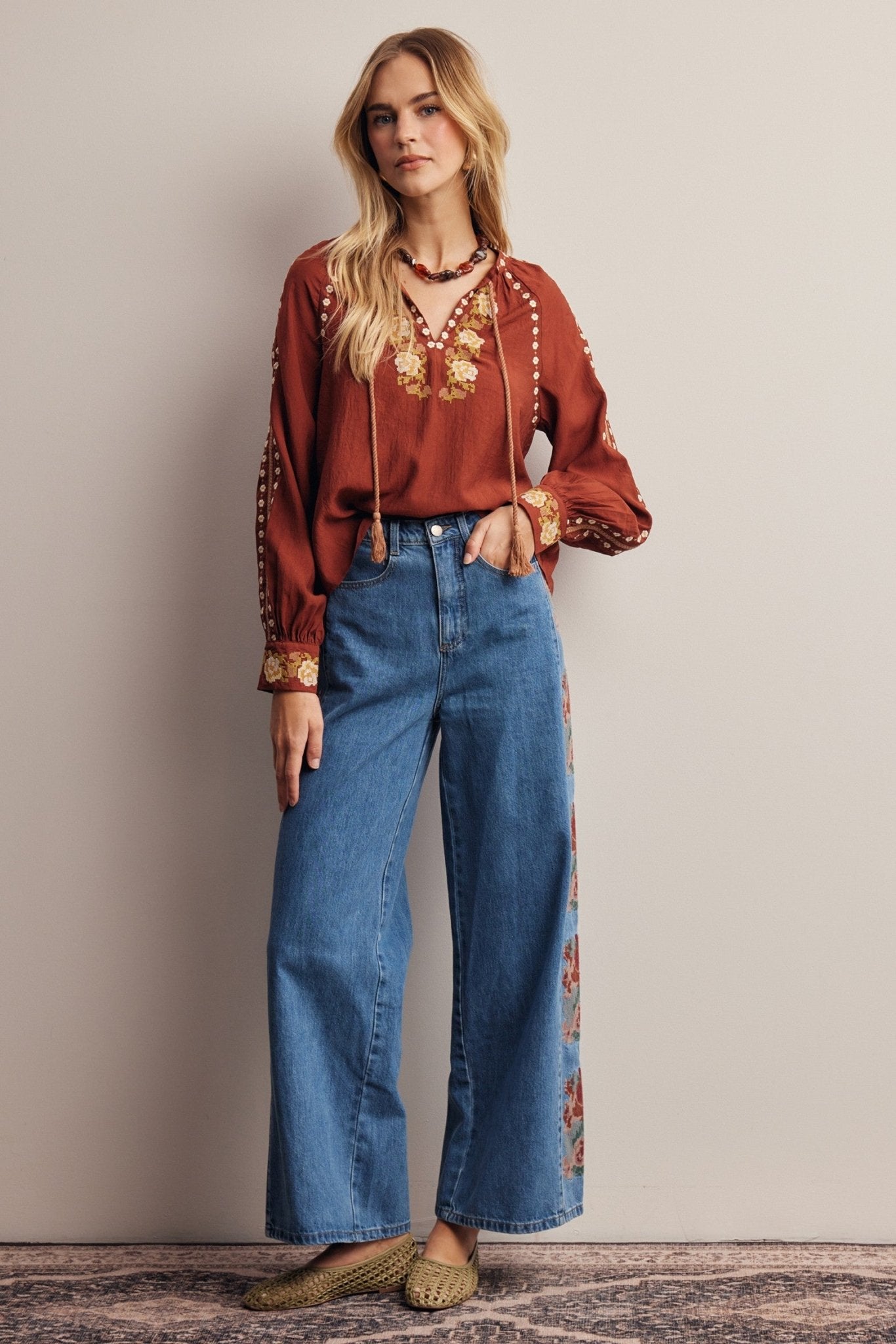 Briarwood Embroidered Tassel Tie Blouse - Westly