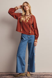 Briarwood Embroidered Tassel Tie Blouse - Westly