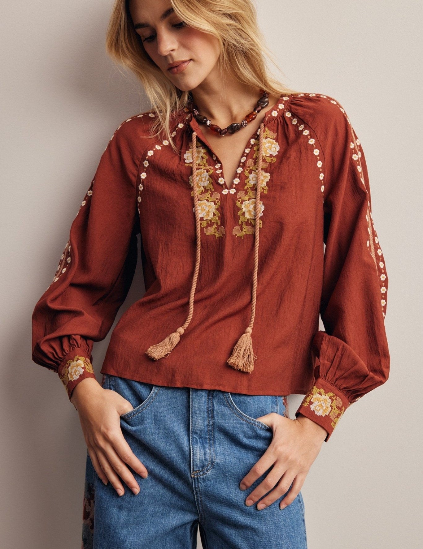 Briarwood Embroidered Tassel Tie Blouse - Westly