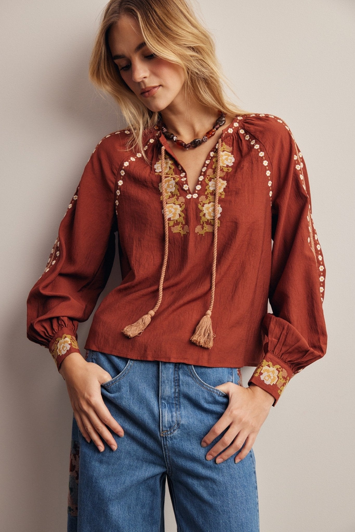 Briarwood Embroidered Tassel Tie Blouse - Westly
