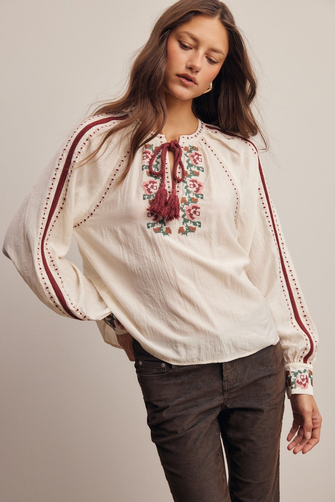 Briarwood Embroidered Tassel Tie Blouse - Westly