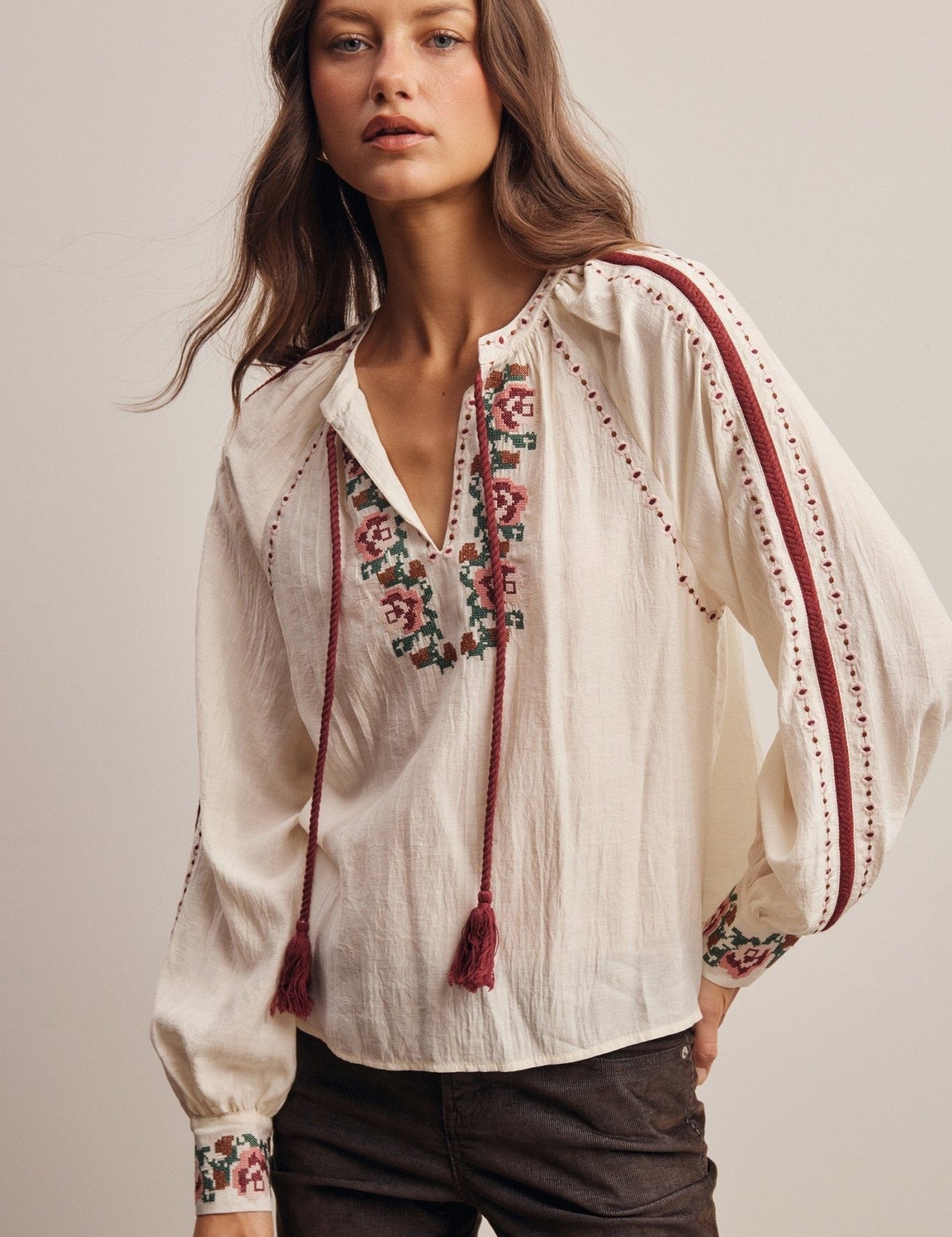 Briarwood Embroidered Tassel Tie Blouse - Westly