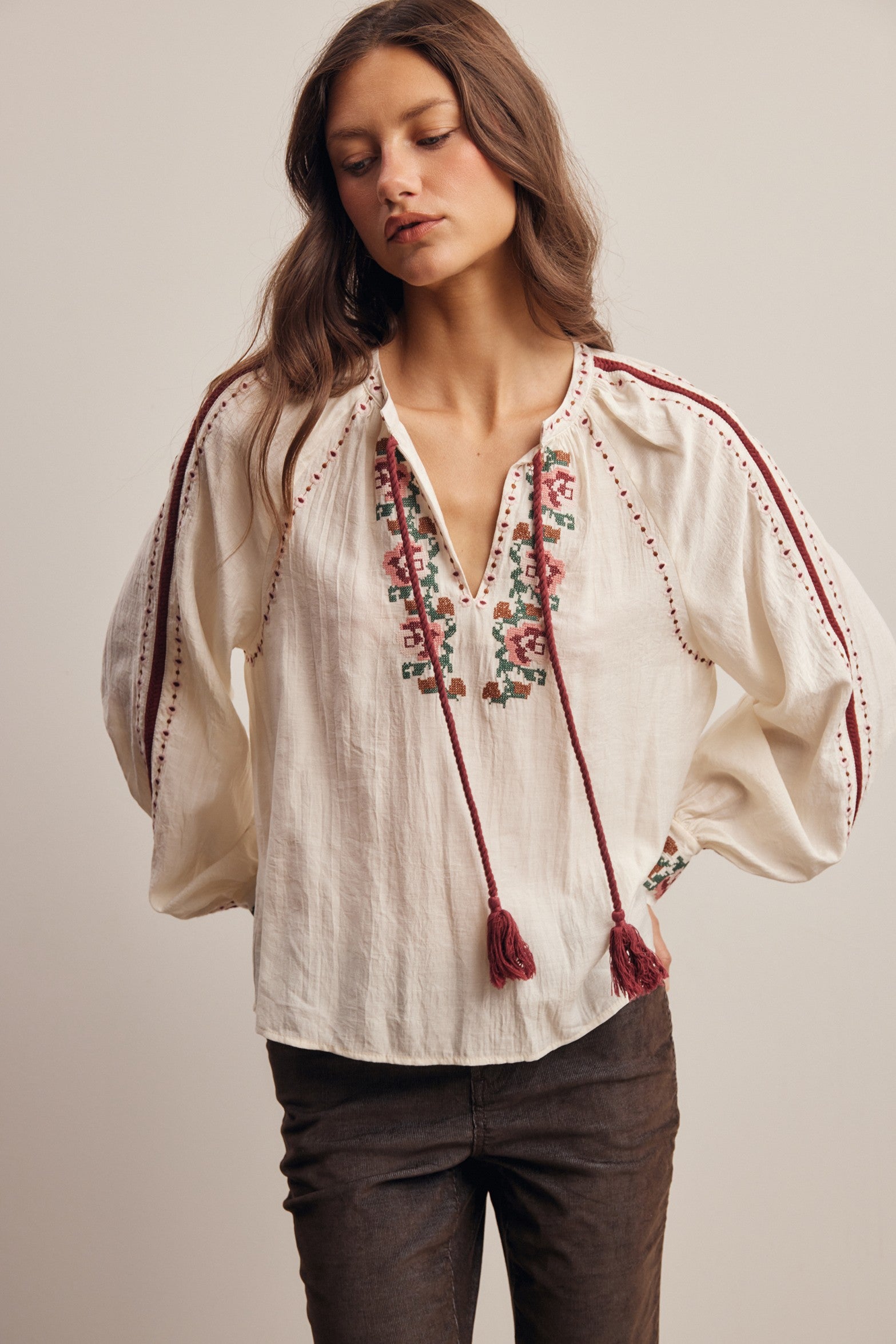 Briarwood Embroidered Tassel Tie Blouse in Ivory, photo 1