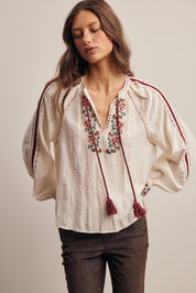 Briarwood Embroidered Tassel Tie Blouse in Ivory, photo 1