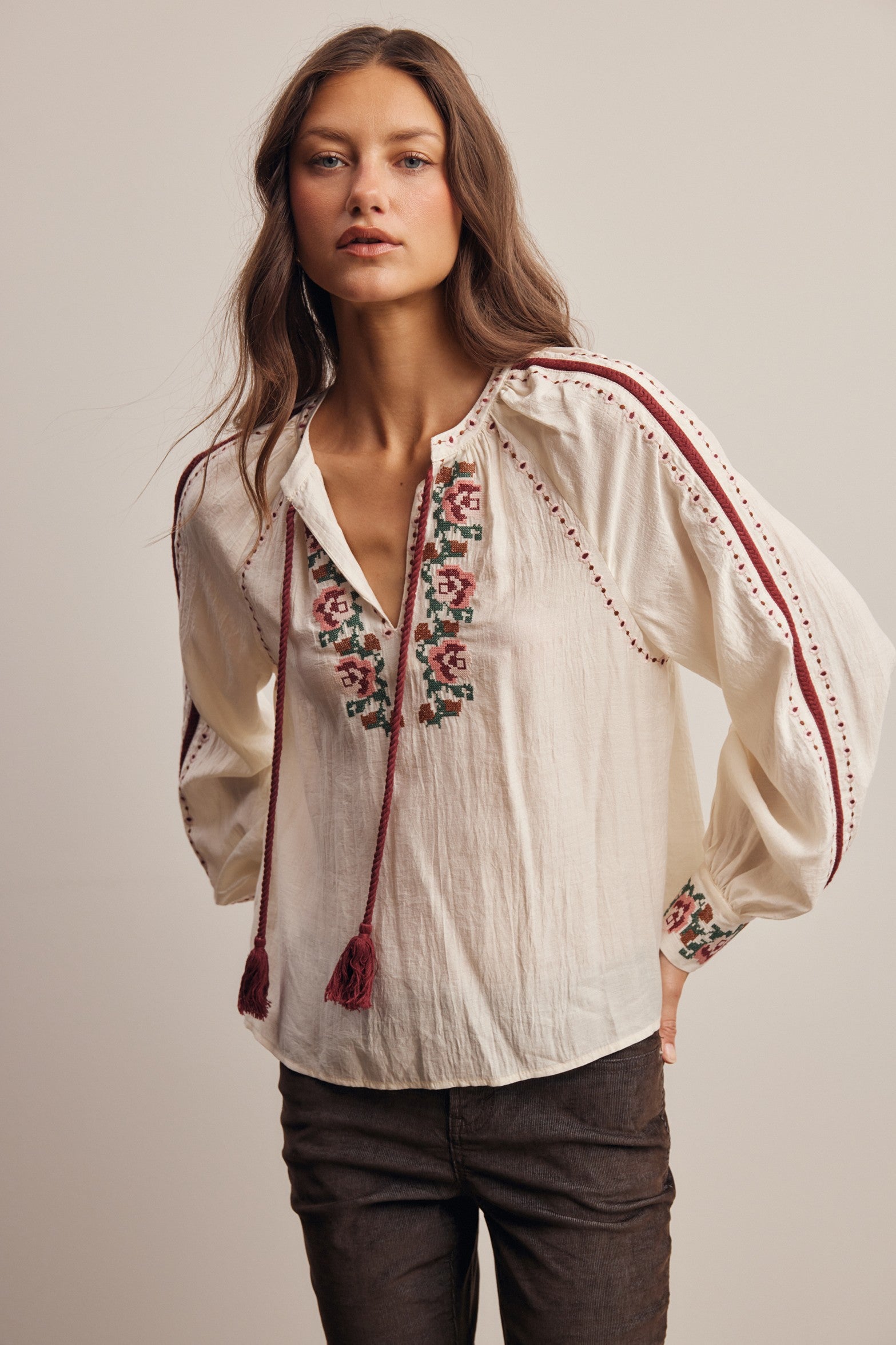 Briarwood Embroidered Tassel Tie Blouse in Ivory, photo 3