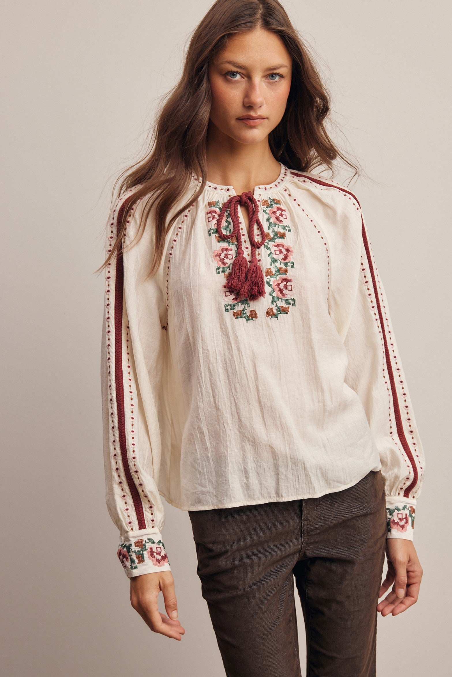 Briarwood Embroidered Tassel Tie Blouse in Ivory, photo 4