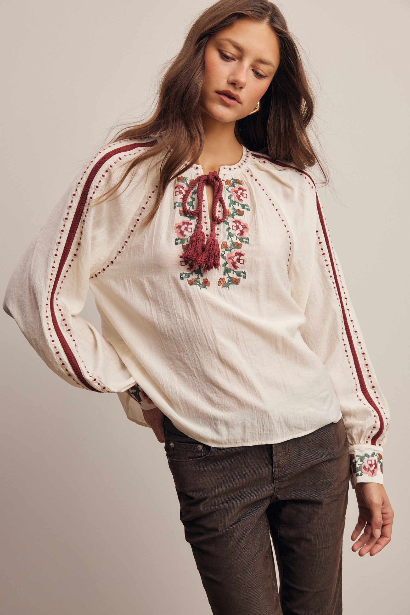 Briarwood Embroidered Tassel Tie Blouse in Ivory, photo 6