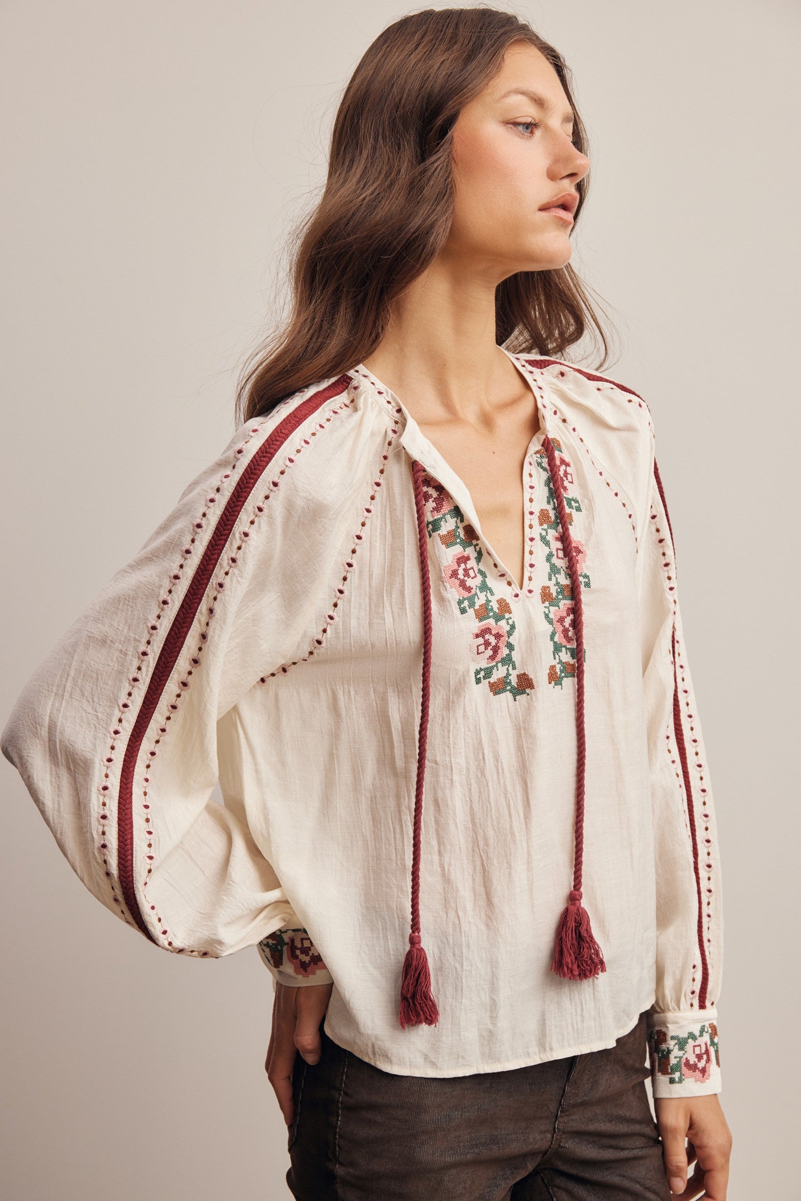 Briarwood Embroidered Tassel Tie Blouse in Ivory, photo 7