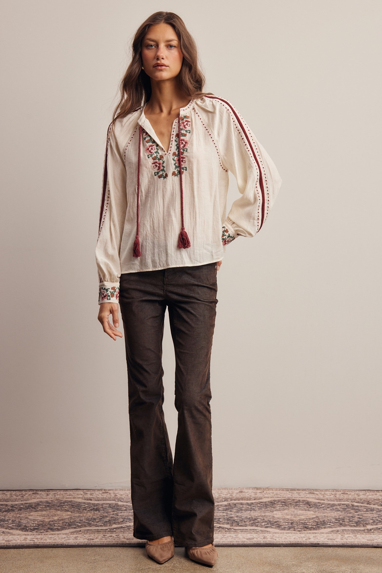 Briarwood Embroidered Tassel Tie Blouse in Ivory, photo 11