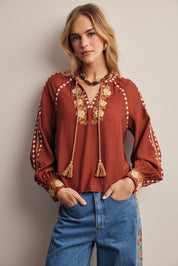 Briarwood Embroidered Tassel Tie Blouse in Marsala, photo 1