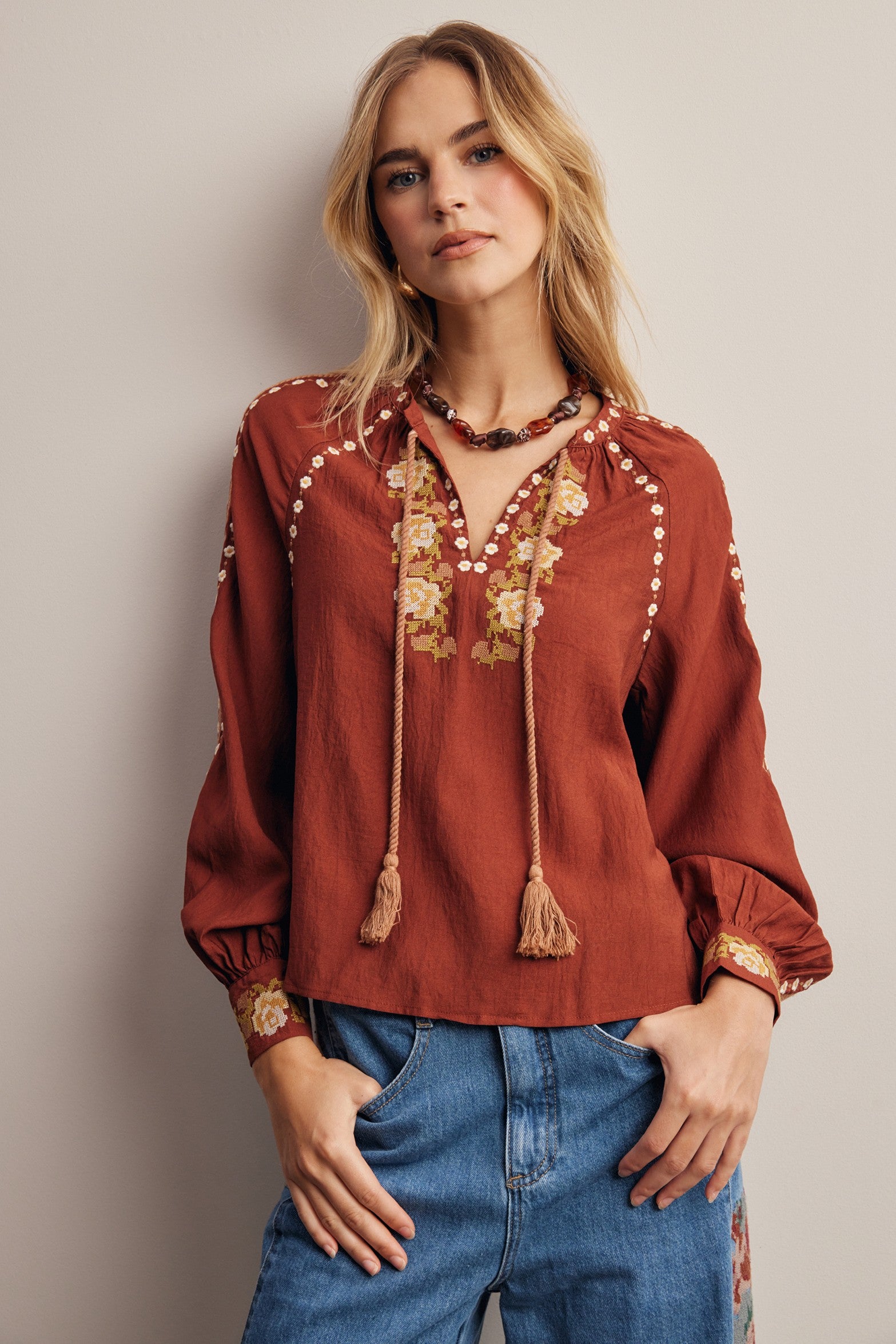 Briarwood Embroidered Tassel Tie Blouse in Marsala, photo 3