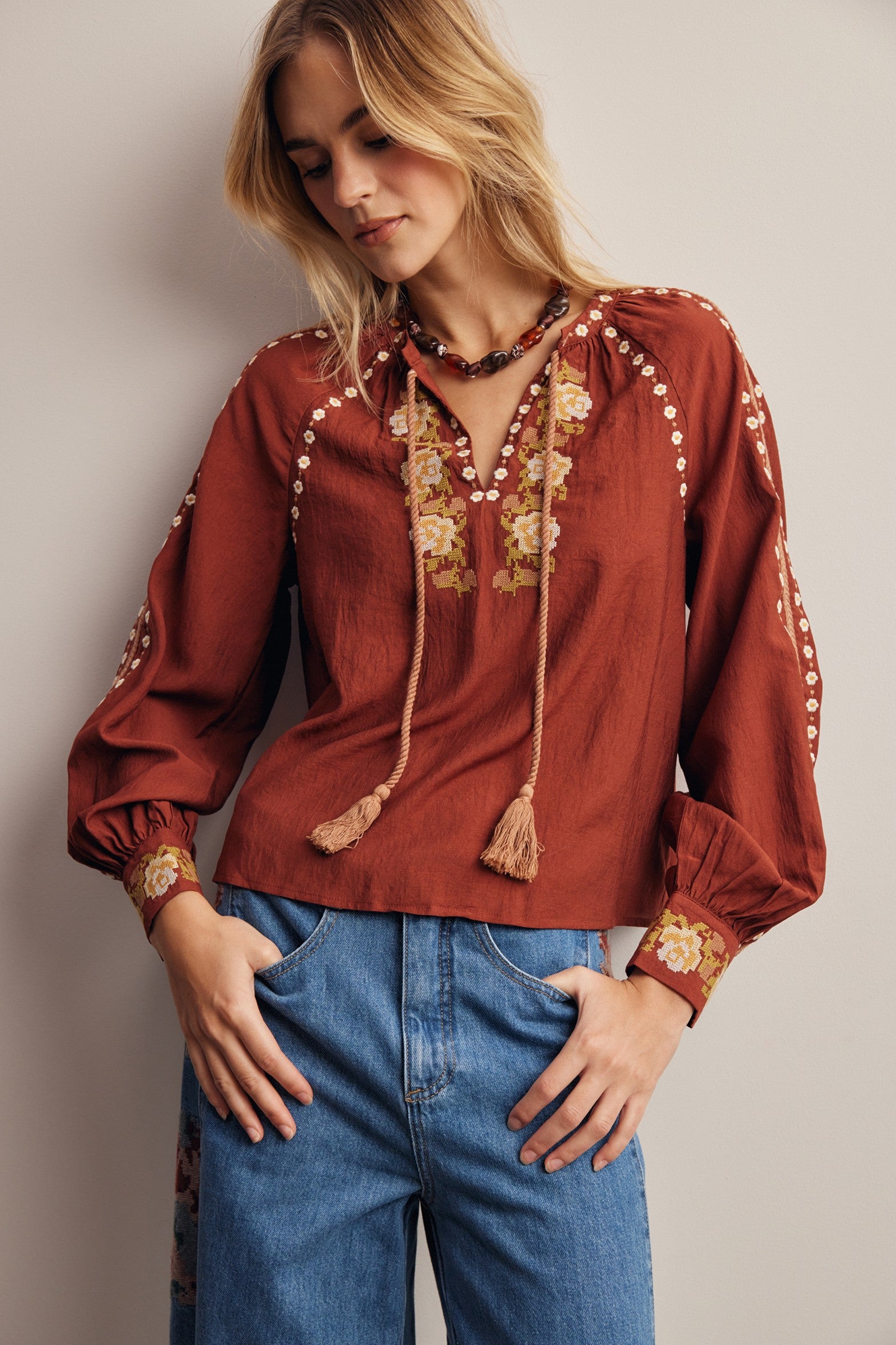 Briarwood Embroidered Tassel Tie Blouse in Marsala, photo 4