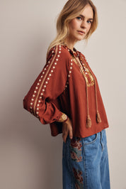 Briarwood Embroidered Tassel Tie Blouse in Marsala, photo 5