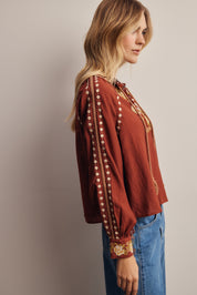 Briarwood Embroidered Tassel Tie Blouse in Marsala, photo 7