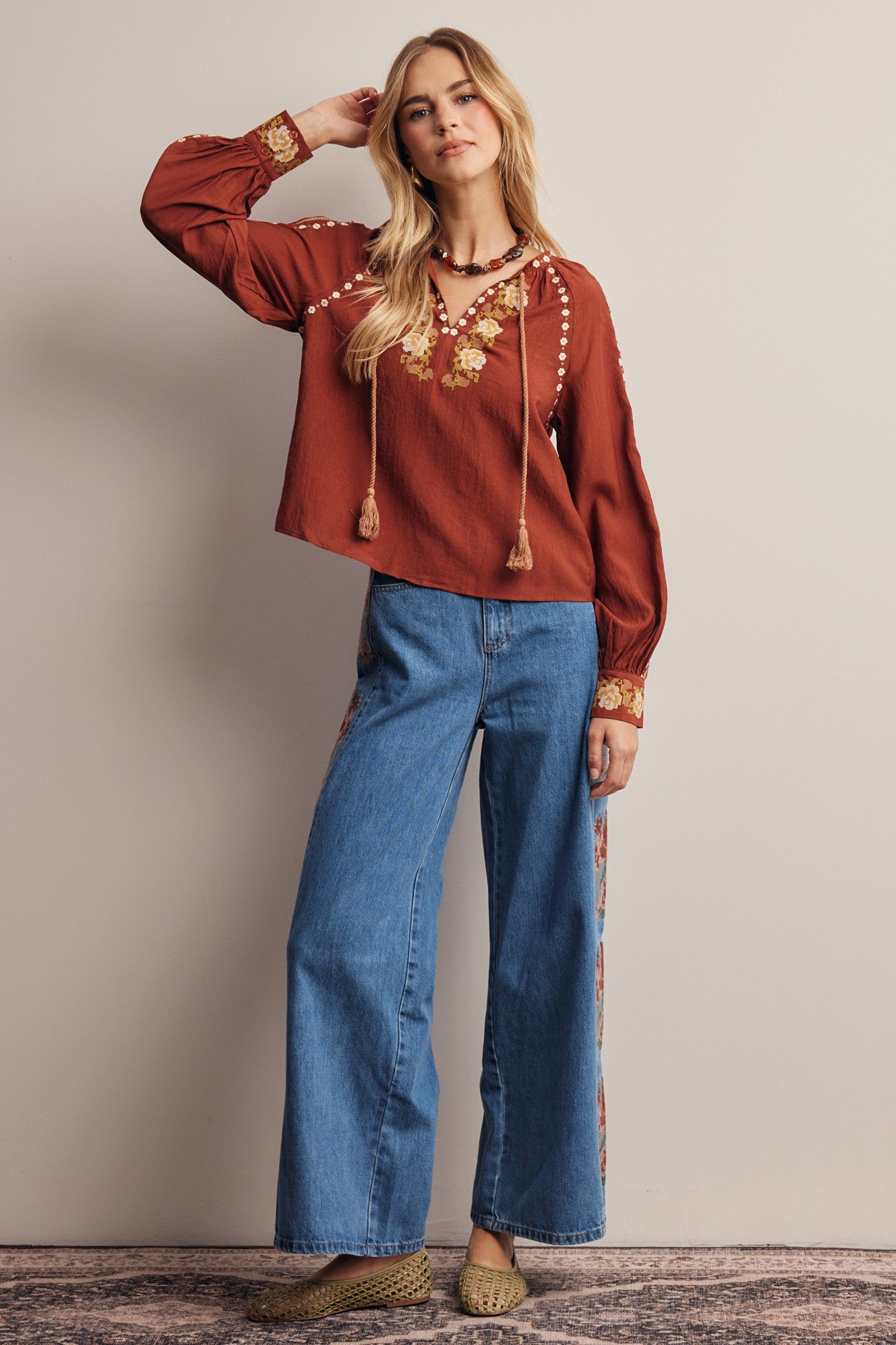 Briarwood Embroidered Tassel Tie Blouse in Marsala, photo 9