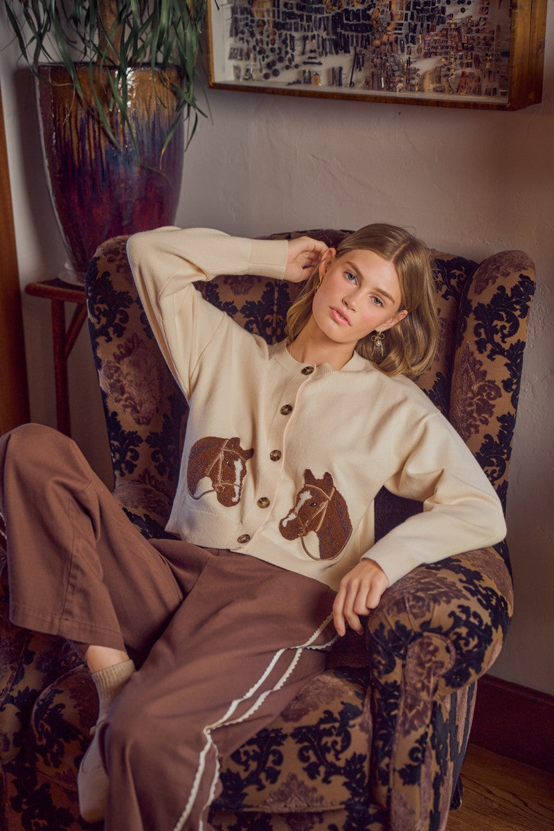 Bridle Path Horse Jacquard Cardigan - Ivory