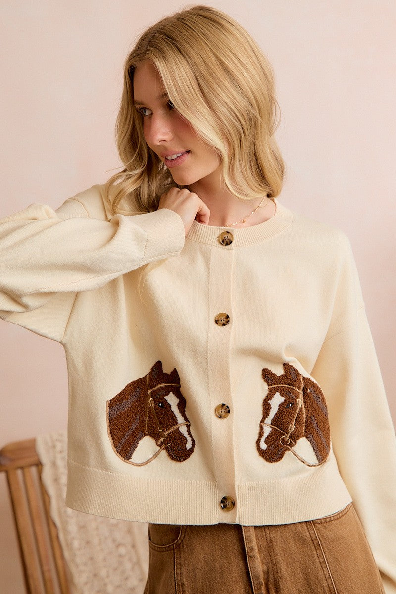 Bridle Path Horse Jacquard Cardigan - Ivory