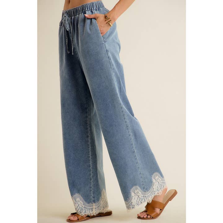 Brielle Lace Trim Wide Leg Denim Pants - Westly