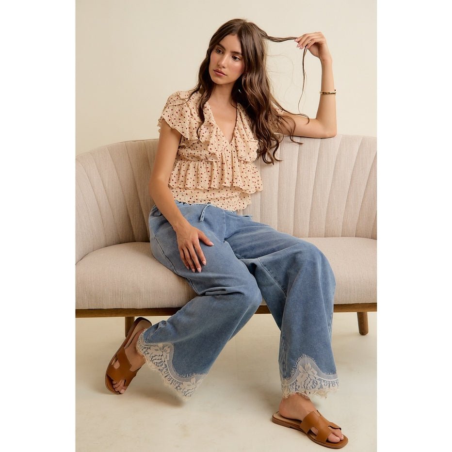 Brielle Lace Trim Wide Leg Denim Pants - Westly