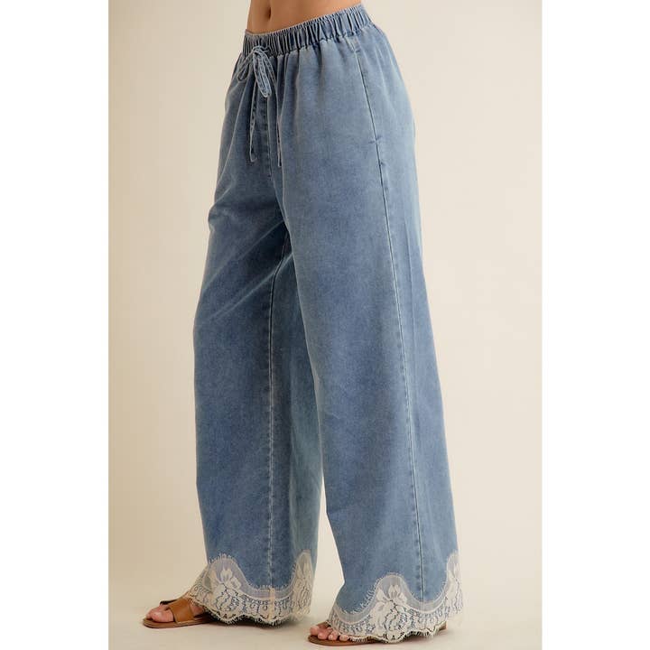 Brielle Lace Trim Wide Leg Denim Pants - Westly