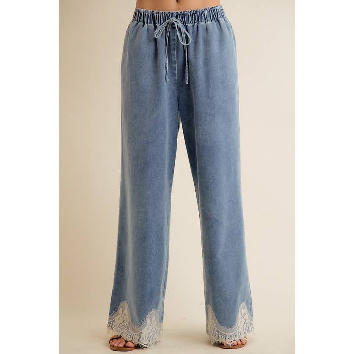 Brielle Lace Trim Wide Leg Denim Pants - Westly