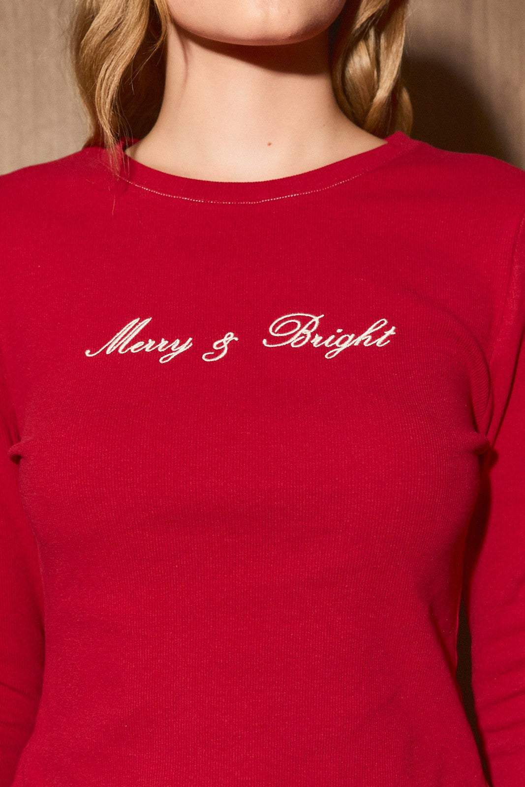 Bright Spirits Embroidered Rib Knit Top in Deep Red — product photo 06