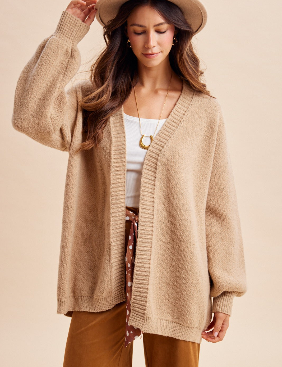 Bundle Up Mallard Open Cardigan in Oatmeal - product photo 2