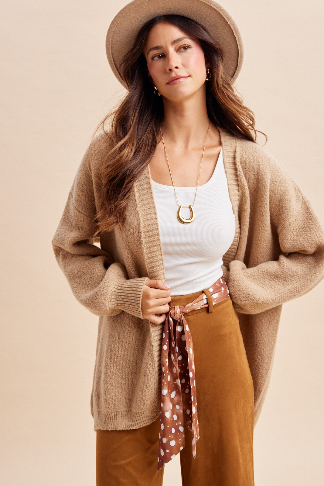 Bundle Up Mallard Open Cardigan in Oatmeal - product photo 3