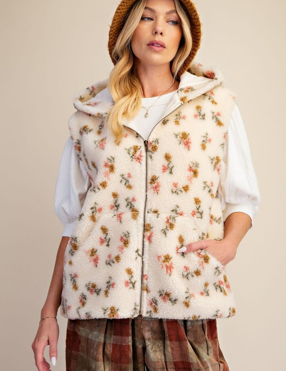 Buttercup Floral Print Hooded Sherpa Vest - Westly