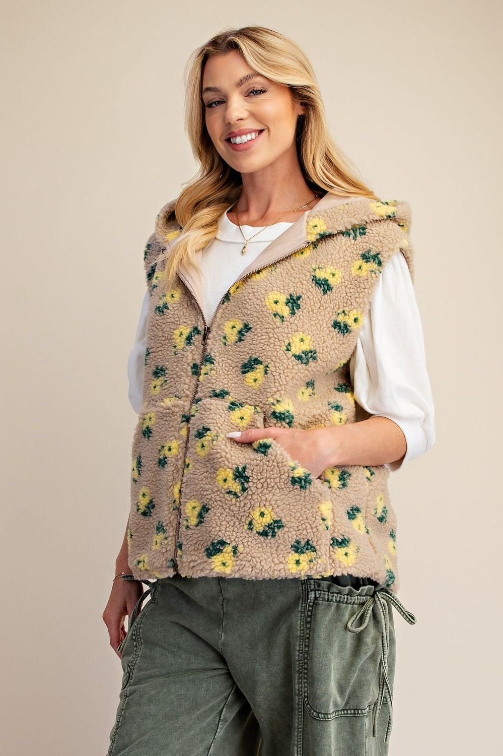 Buttercup Floral Print Hooded Sherpa Vest - Westly