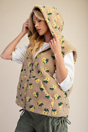 Buttercup Floral Print Hooded Sherpa Vest - Westly
