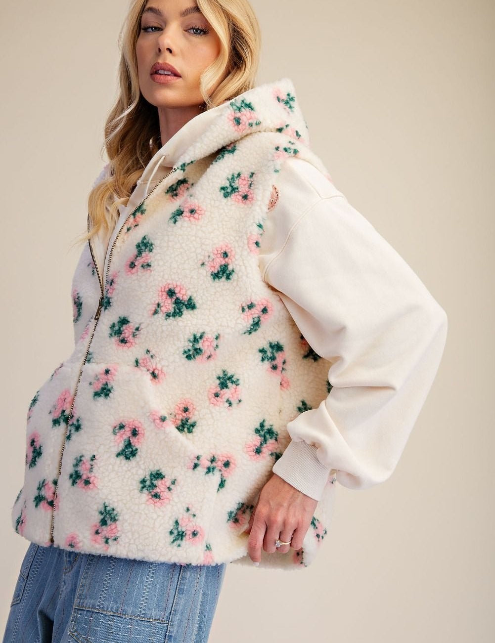 Buttercup Floral Print Hooded Sherpa Vest - Westly