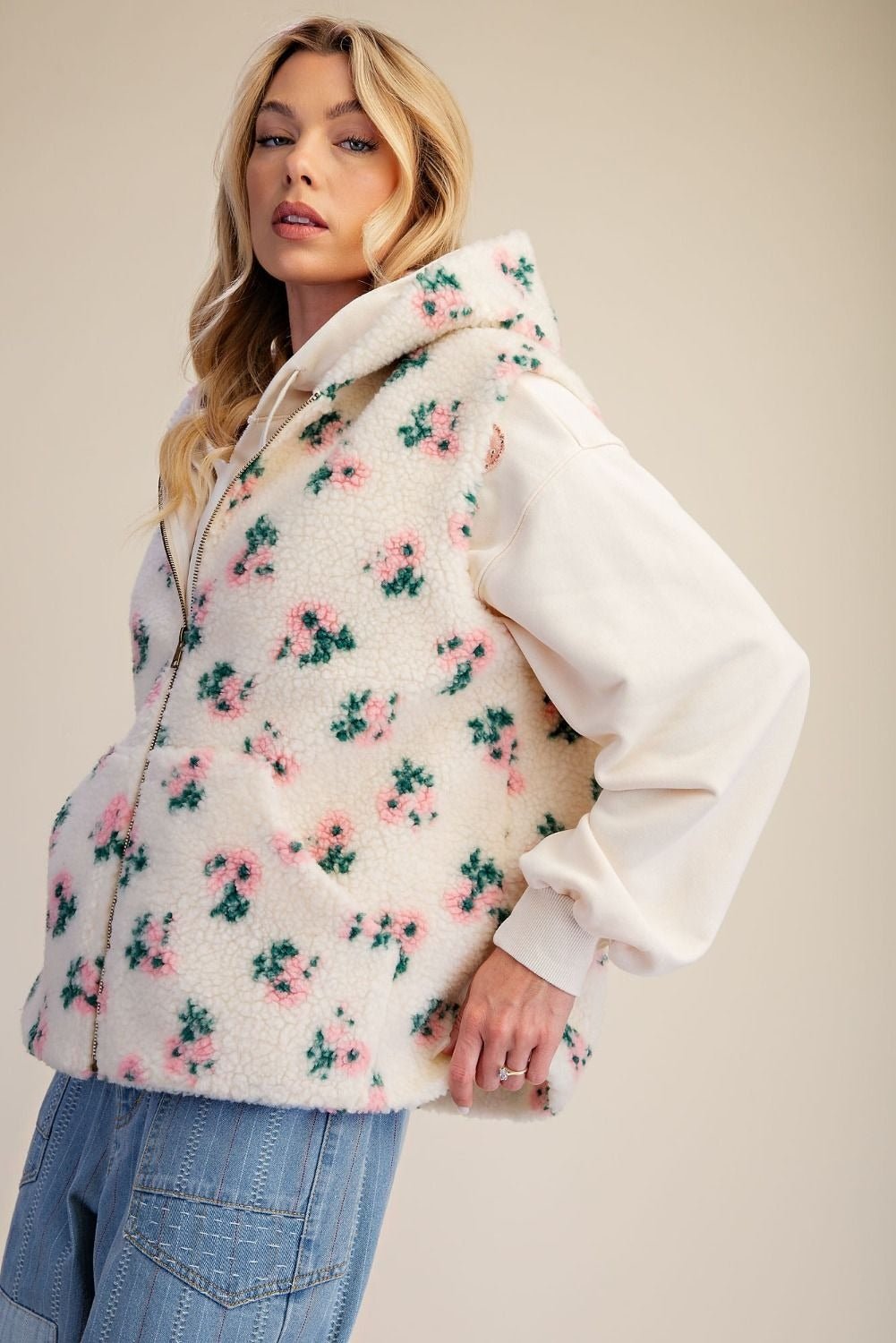 Buttercup Floral Print Hooded Sherpa Vest - Westly