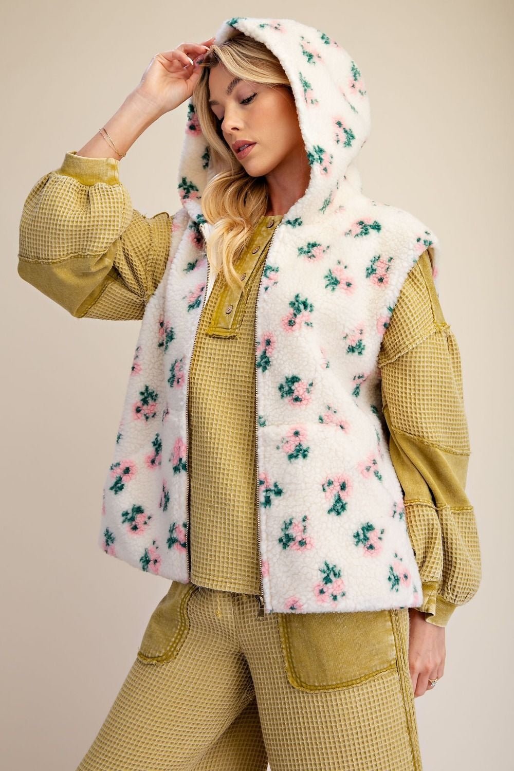Buttercup Floral Print Hooded Sherpa Vest - Westly