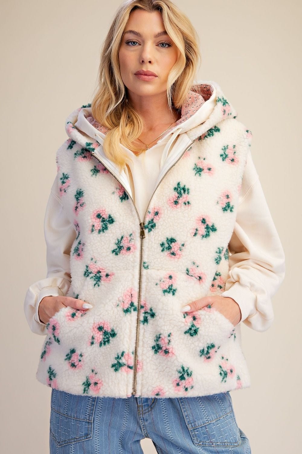 Buttercup Floral Print Hooded Sherpa Vest - Westly
