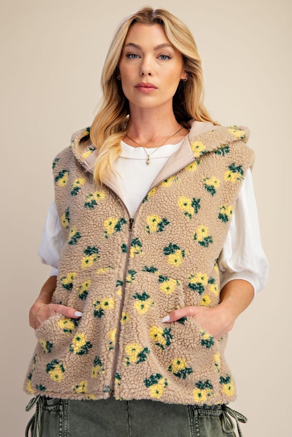 Buttercup Floral Print Hooded Sherpa Vest - Westly