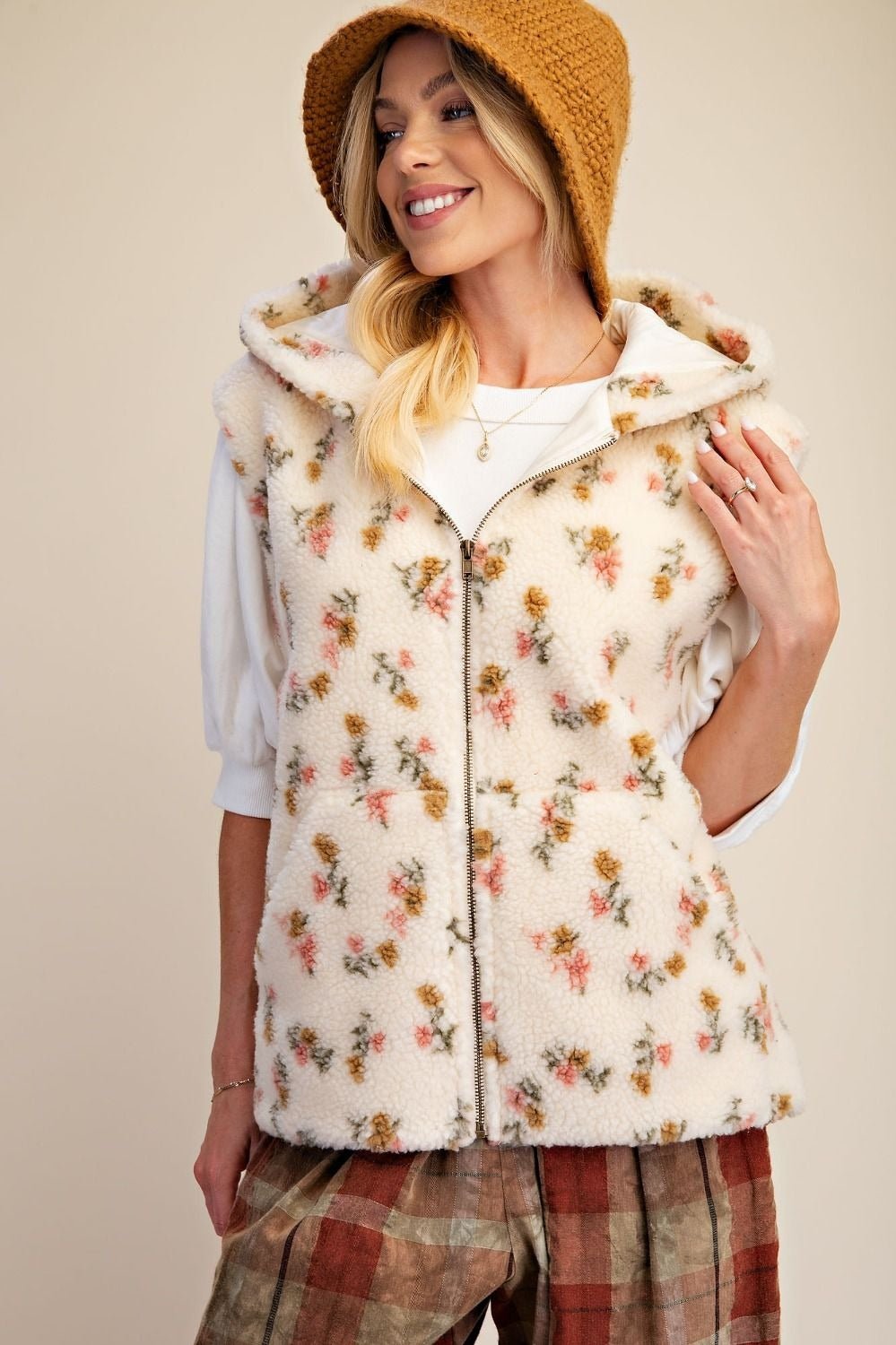 Buttercup Floral Print Hooded Sherpa Vest - Westly