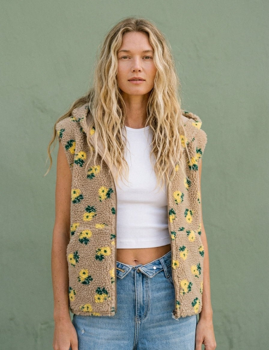 Buttercup Floral Print Hooded Sherpa Vest - Westly